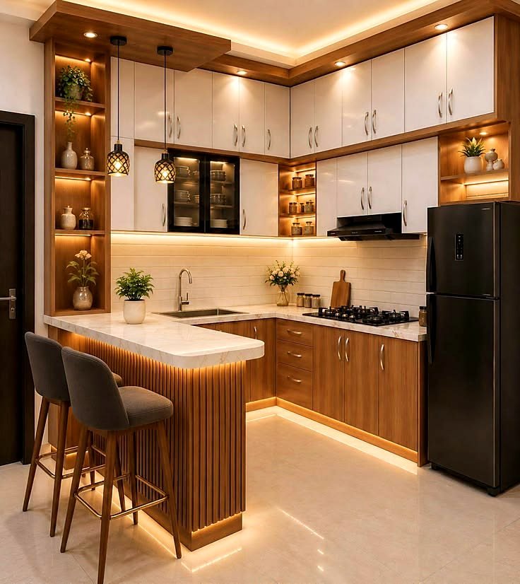 Modular kitchen with wood and white cabinetry by SG Home Interiors, Hyderabad