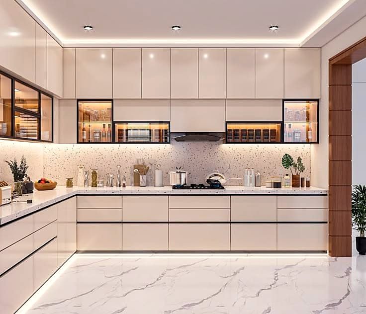 Glossy white modular kitchen with terrazzo backsplash