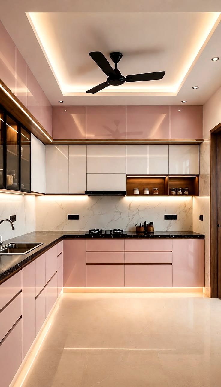 Blush pink modular kitchen with black marble countertop
