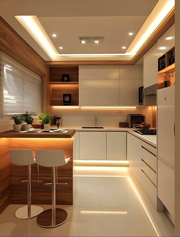 White and wood modular kitchen with breakfast counter