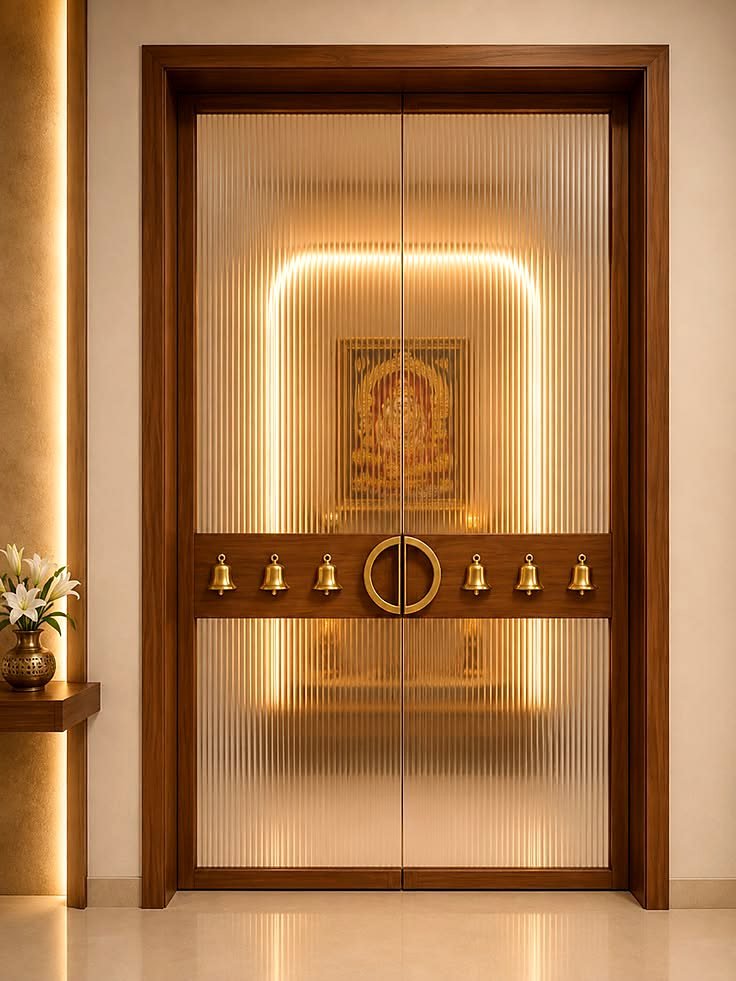 Custom pooja unit with fluted glass doors by SG Home Interiors, Hyderabad