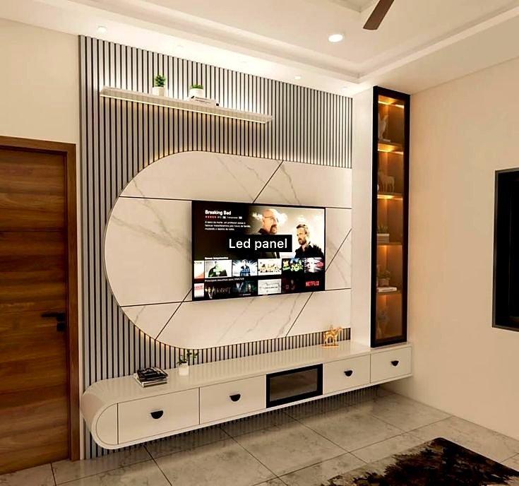 Living room TV unit with backlit marble panel