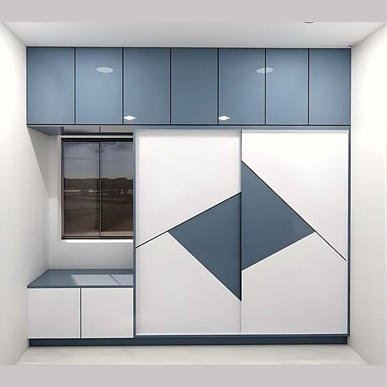 Blue and white sliding wardrobe with geometric pattern